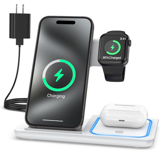 Wireless Charger, 3 in 1 Wireless Charging Station Dock with Breathing Indicator, Fast Charging Stand Compatible with Iphone 17/16/15/14/13/12/11 Pro Max/Xs, Iwatch 10/9/8/7/6/5/4, Airpods 4/3/2/Pro